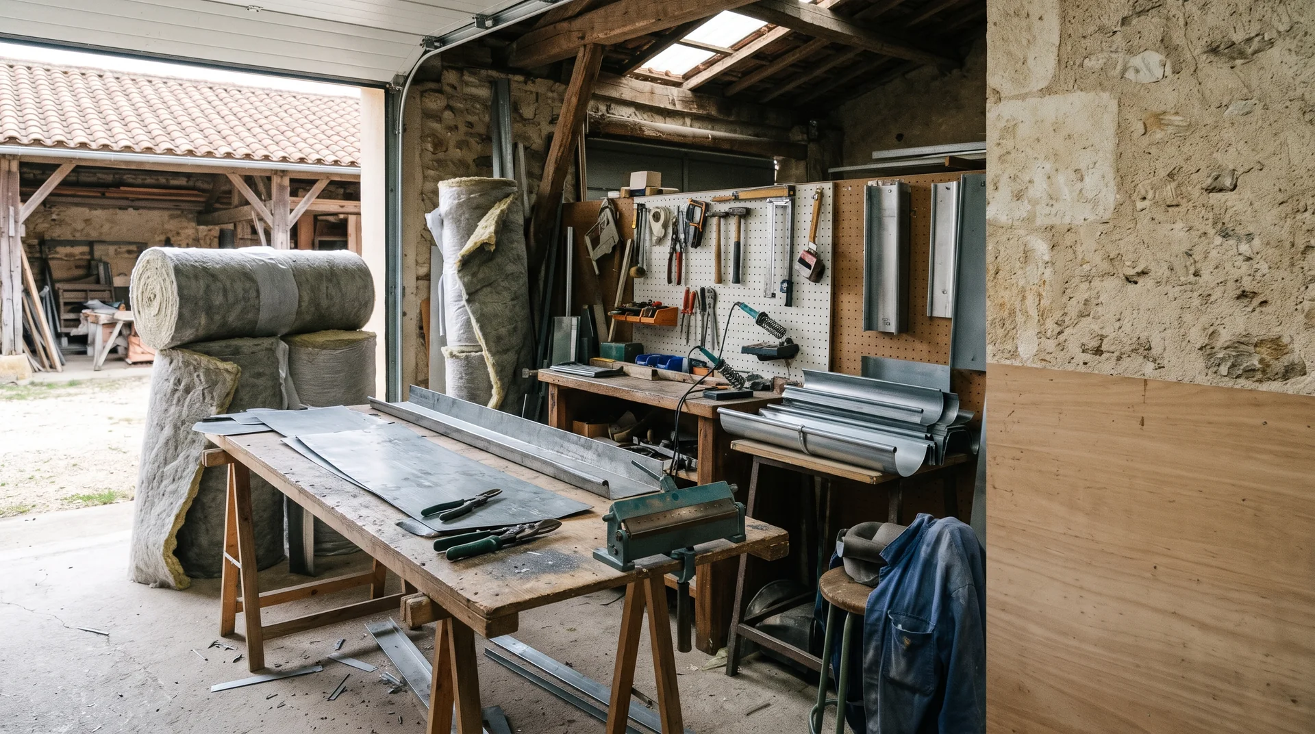 Établi, outils de zinguerie et rouleaux d’isolant dans un atelier.