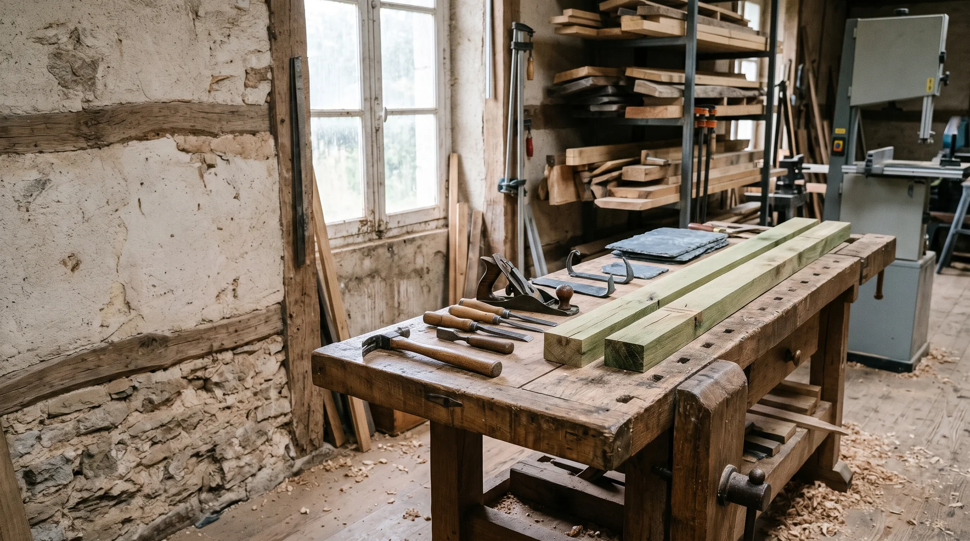 Établi en bois avec outils de menuiserie dans un atelier.
