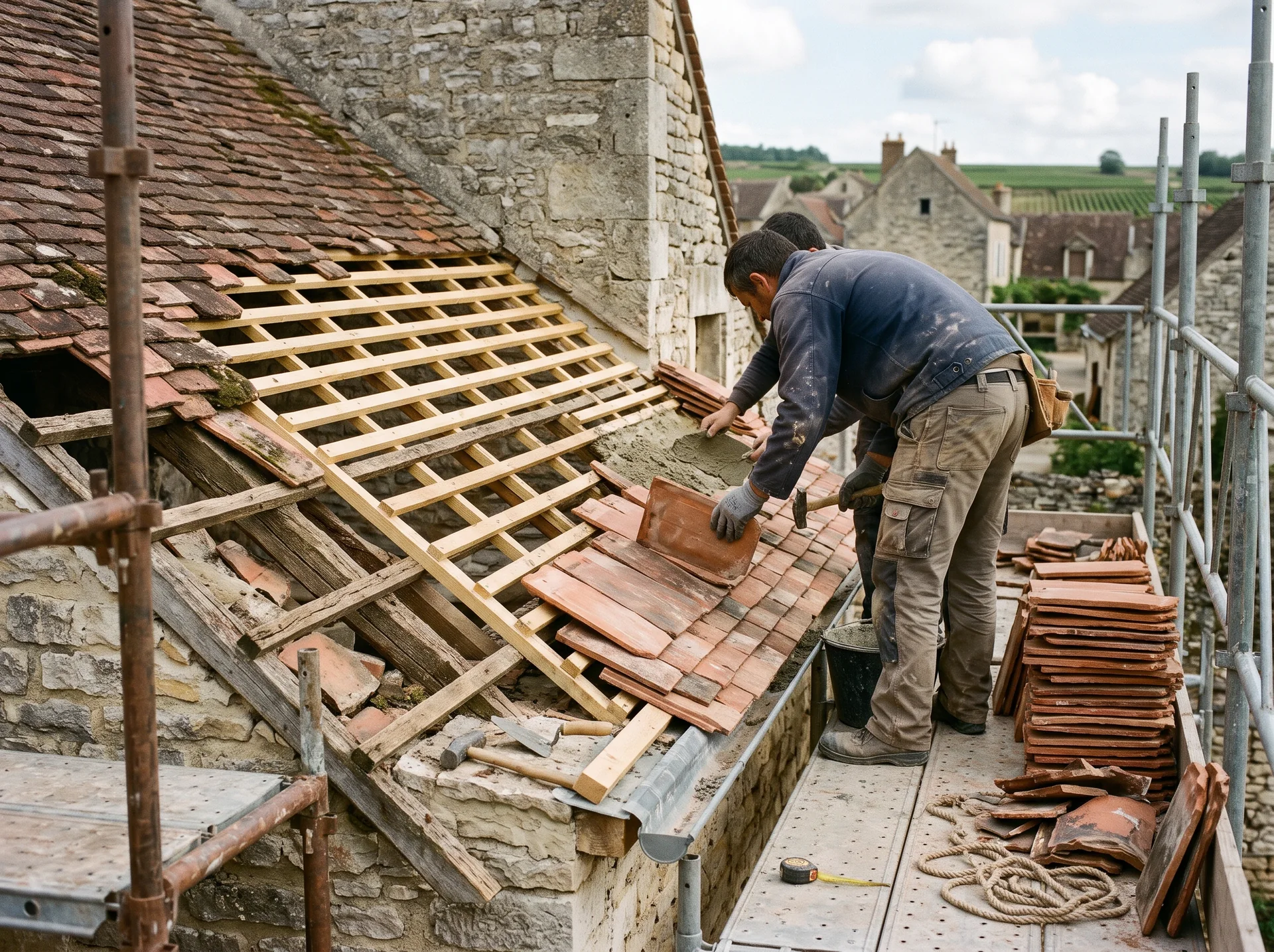 Couvreur travaillant sur une couverture avec tuiles et liteaux apparents.