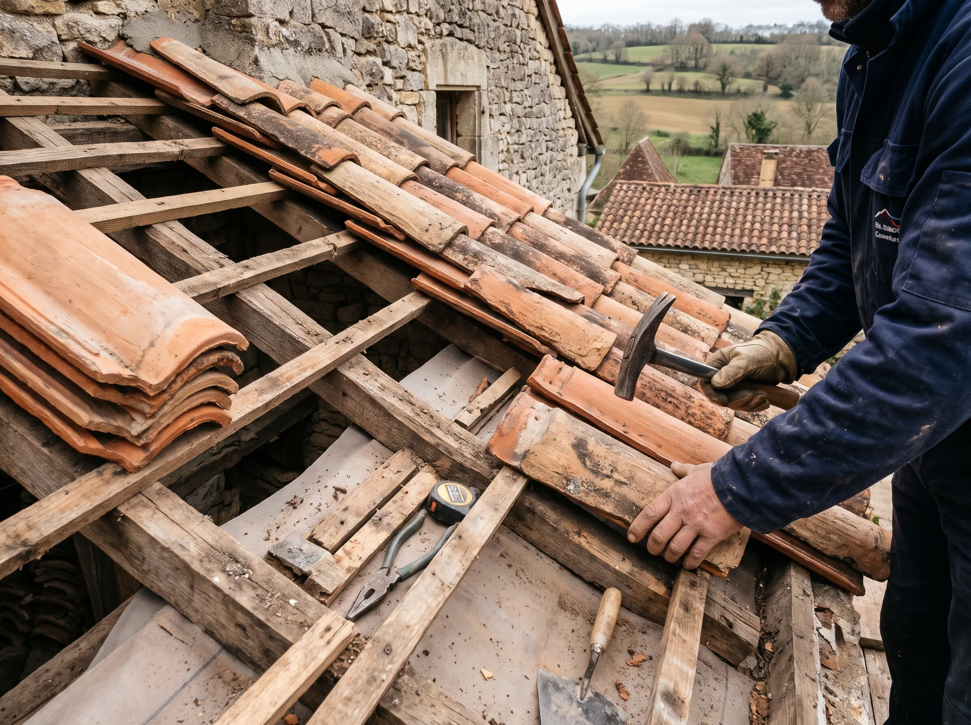 Tuiles déposées et pièces de bois visibles pendant une reprise de couverture.